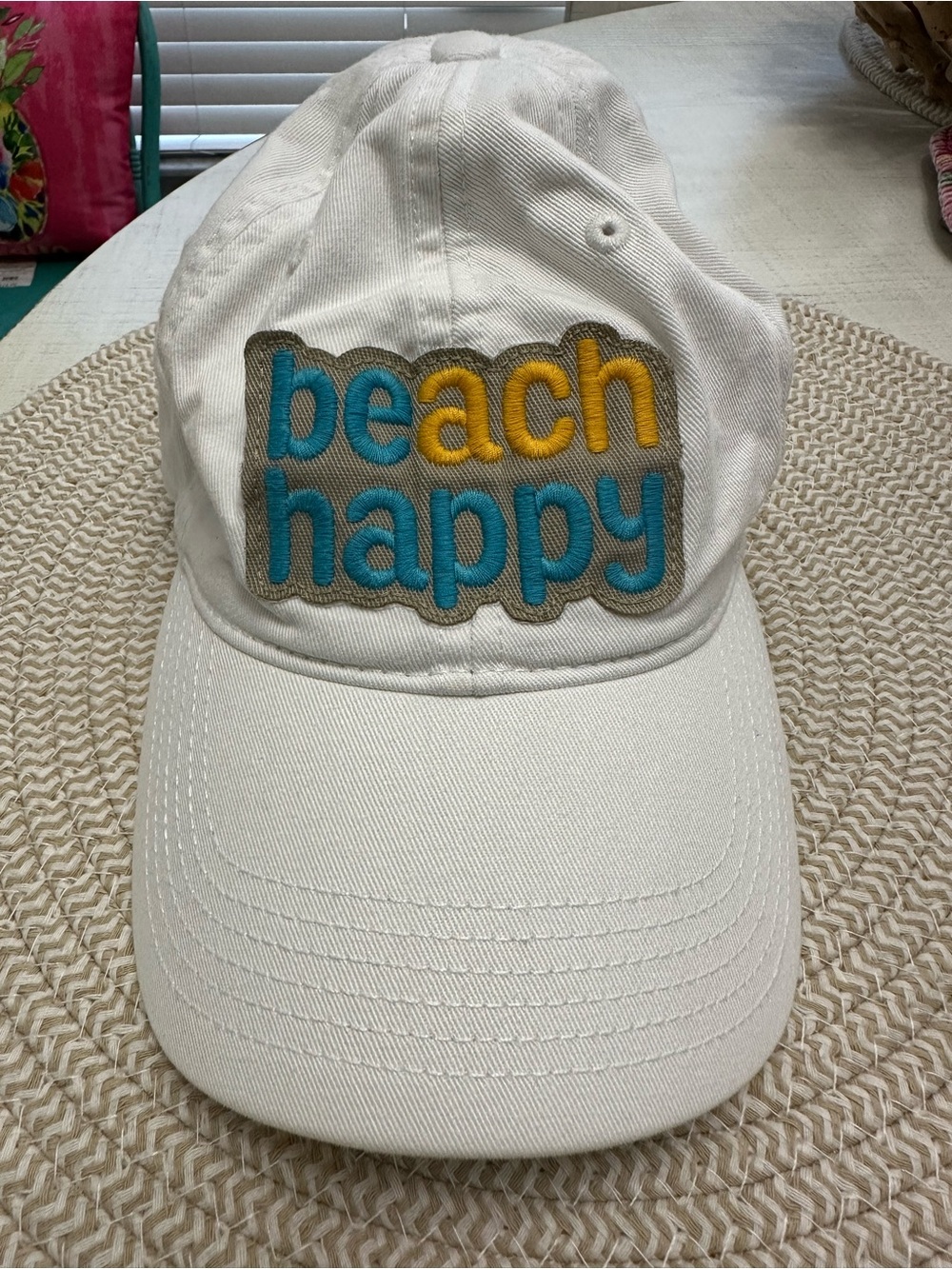 Beach Happy White Embroidered Baseball Cap